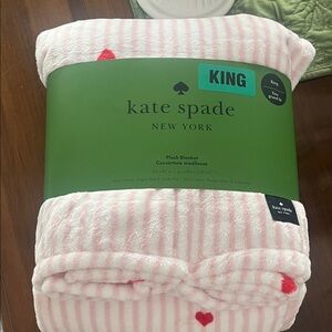 Kate Spade Pink and White Striped Plush Blanket with Hearts